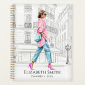 Mooie mode vrouw loopt planner (Voorkant)
