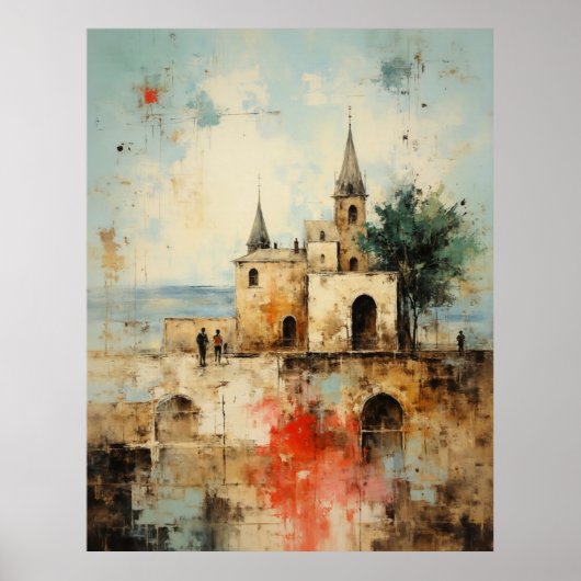 Mooie moderne abstracte oude kleine dorpsschilderi poster (Voorkant)