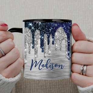 Mooie moderne blauwe glitterslettermonogram mok