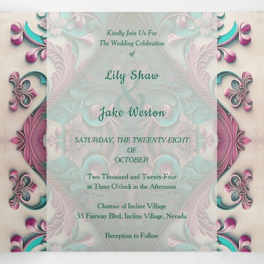 Mooie moderne bloemenbruiloft drieluik uitnodiging (Binnenkant midden)