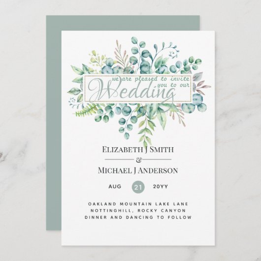 Mooie moderne eucalyptus groene bruiloft (Voorkant / Achterkant)