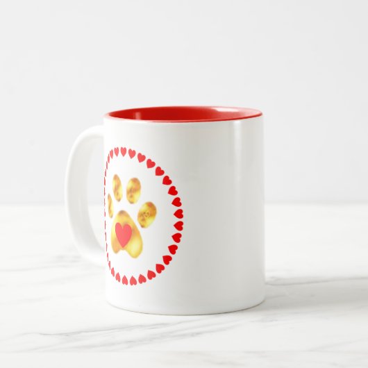 Mooie moderne gouden poot & rode harten tweekleurige koffiemok (Voorkant links)