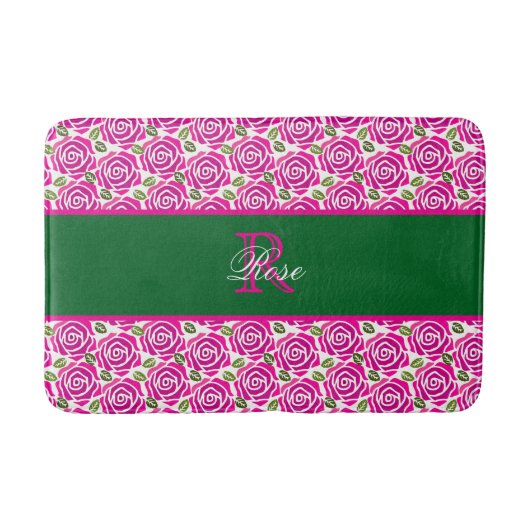 Mooie Moderne Heet Roze Magenta Rozen Monogram Badmat (Voorkant)