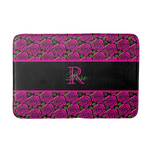 Mooie Moderne Heet Roze Magenta Rozen Monogram Badmat (Voorkant)