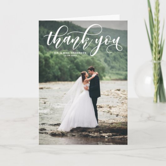 Mooie moderne kalligrafie foto bruiloft foto bedankkaart (Voorkant)