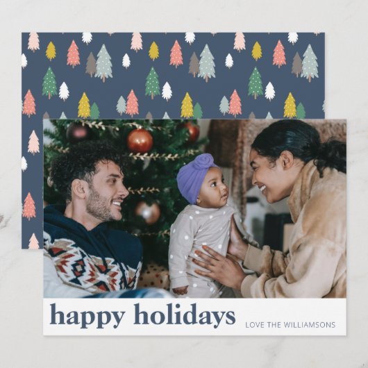 Mooie moderne kerstbomen in marineblauw brede foto feestdagenkaart (Voorkant / Achterkant)