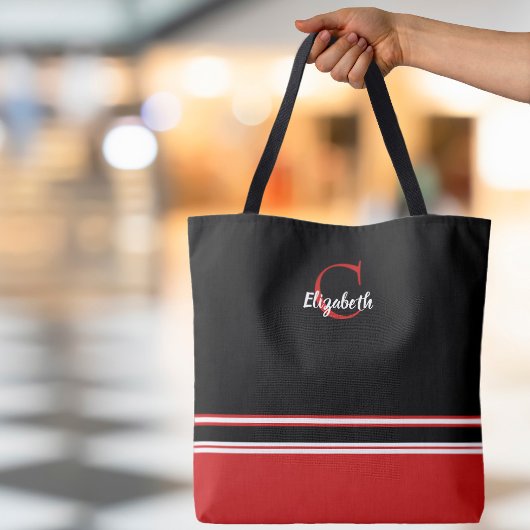 Mooie moderne monogram naam initiaal zwart rood tote bag