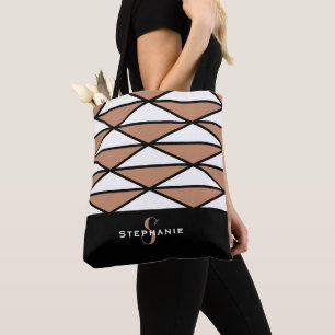 Mooie moderne monogrampatroon trendy oranje zwart tote bag