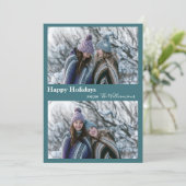 Mooie moderne turquoise groene twee foto typografi feestdagenkaart (Staand voorkant)