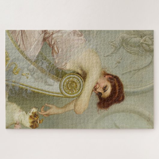 Mooie modieuze dame plagen haar puppy hond legpuzzel (Horizontaal)