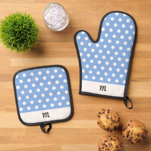 Mooie monogram geborduurd patroon luchtig blauwe p ovenwant & pannenlap set