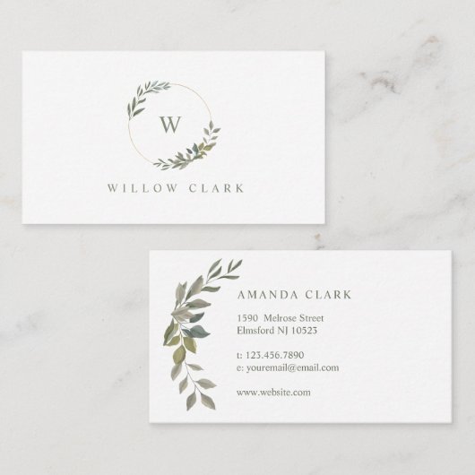 Mooie Monogram groen Waterverf krans Visitekaartje (Voorkant / Achterkant)