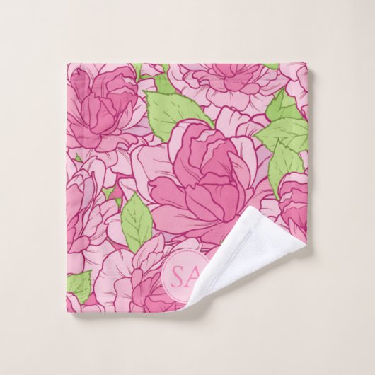 Mooie monogram roze rozen bad handdoek (Wasdoekje)