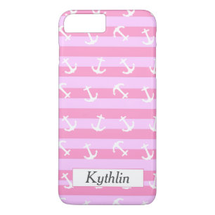 Mooie monogram roze strepen witte ankerpatroon 	iPhone 8/7 plus hoesje