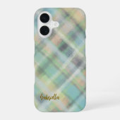Mooie monogram script kariert turquoise geel grijs iPhone 16 hoesje (Achterkant)
