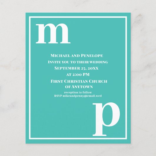 Mooie Monogram Turquoise Budget Trouwkaart Flyer (Voorkant)