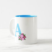 Mooie monogram turquoise met appelbloemen tweekleurige koffiemok (Voorkant links)
