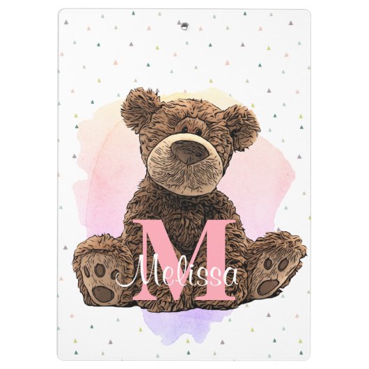 Mooie monogram waterverf naam kinder teddybeer  klembord (Achterkant)