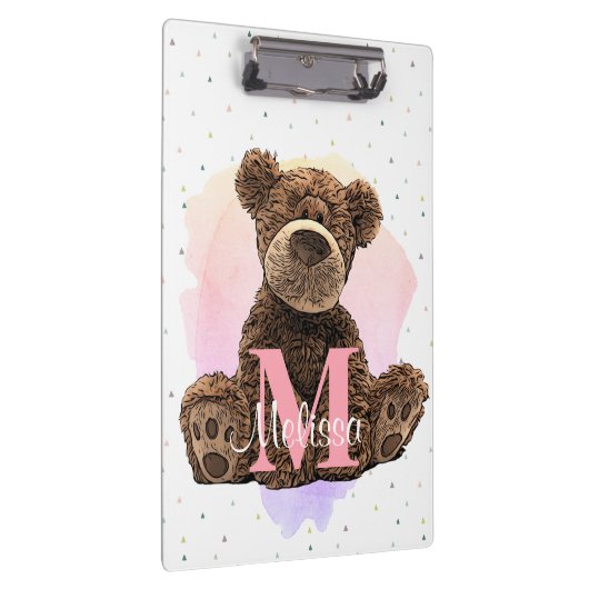 Mooie monogram waterverf naam kinder teddybeer klembord (Rechts)
