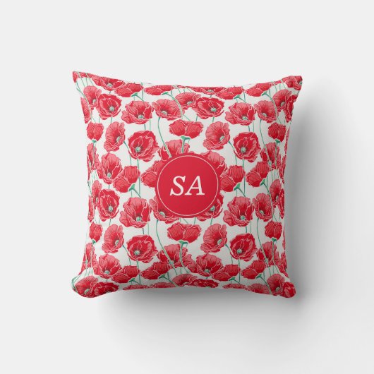 Mooie Monogrammed Red Poppies Bloemenwit Kussen (Voorkant)