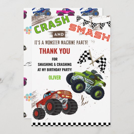 Mooie Monster Machine Auto Vrachtwagen Kinder Verj Bedankkaart (Voorkant / Achterkant)
