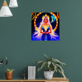 Mooie Moon Godin met vloeiend wit haar Poster