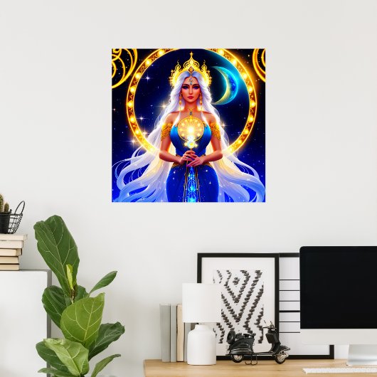 Mooie Moon Godin met vloeiend wit haar Poster (Thuiskantoor)