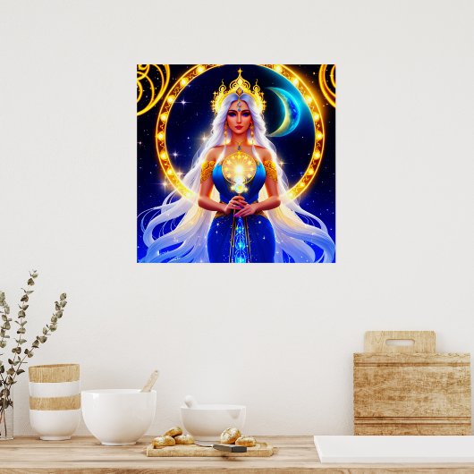 Mooie Moon Godin met vloeiend wit haar Poster (Keuken)
