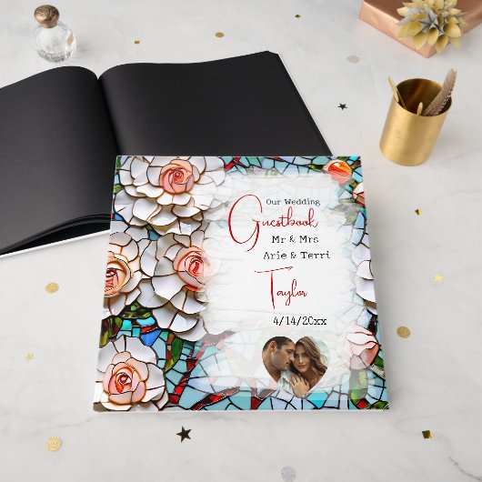 Mooie Mozaïek Glas in lood en Tegel bruiloft Gastenboek (Voorkant open)
