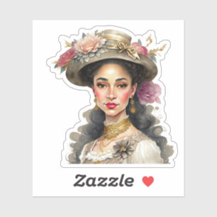 Mooie multiculturele vrouw met vintage bloemenhoed sticker