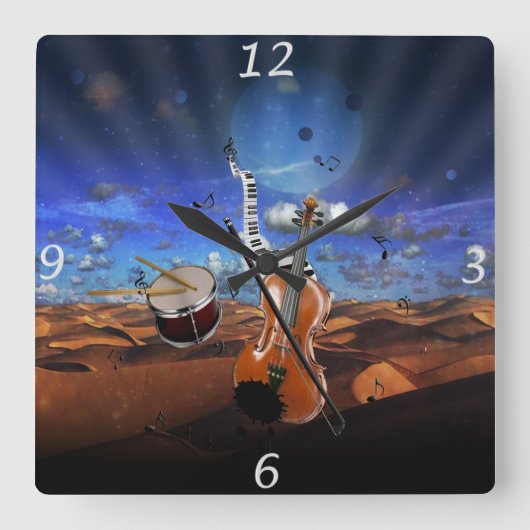 Mooie muzieknoten schenden pianodrums vierkante klok (Voorkant)