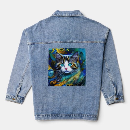 Mooie mystieke kat in blauwe en rode tinten denim jacket (Achterkant)