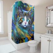 Mooie mystieke kat in blauwe en rode tinten douchegordijn (In situ)