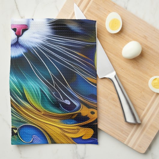 Mooie mystieke kat in blauwe en rode tinten theedoek (Quarter Fold)