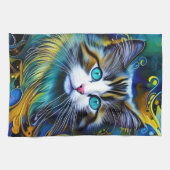 Mooie mystieke kat in blauwe en rode tinten theedoek (Horizontaal)