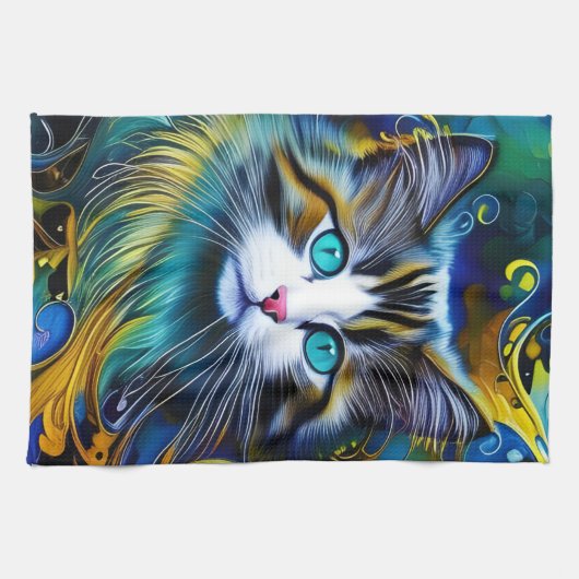 Mooie mystieke kat in blauwe en rode tinten theedoek (Horizontaal)