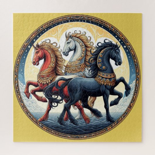 "Mooie mystieke rode, witte, blauwe paarden" 7 Legpuzzel (Verticaal)