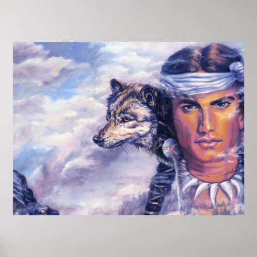 Mooie Native American met Wolf Poster (Voorkant)