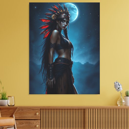 Mooie Native American vrouw Hemelse Volle Maan Canvas Afdruk (Insitu (Woonkamer))
