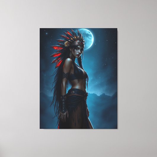 Mooie Native American vrouw Hemelse Volle Maan Canvas Afdruk (Voorkant)