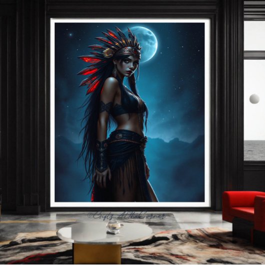 Mooie Native American vrouw Hemelse Volle Maan Canvas Afdruk