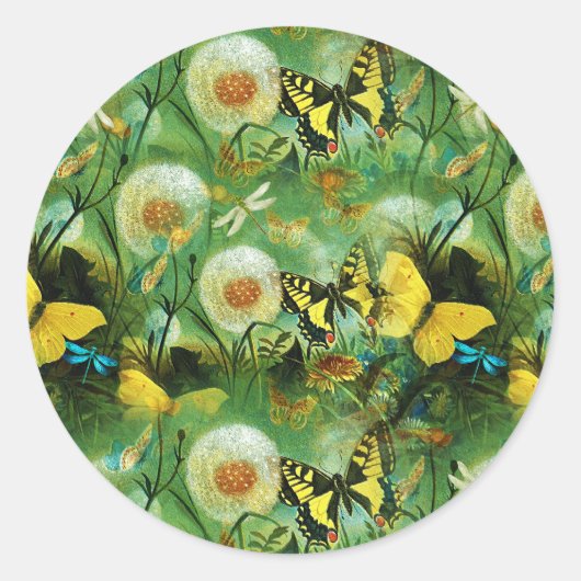 Mooie Natuur van wilde bloemen en vlinders Ronde Sticker (Voorkant)