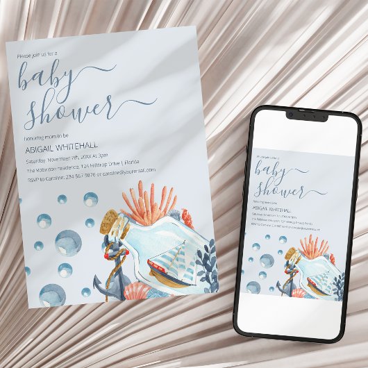 Mooie Nautische Aquarel Babyshower Uitnodiging