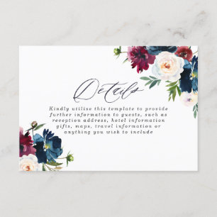 Mooie Navy Bourgondië Rode Blush Bloemen Bruiloft Informatiekaartje