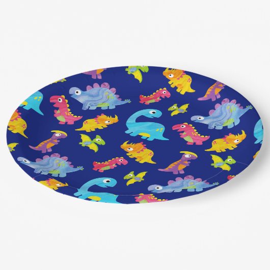 Mooie Navyblauwe Dinosaurus Verjaardag Papieren Bordje (Gekanteld)