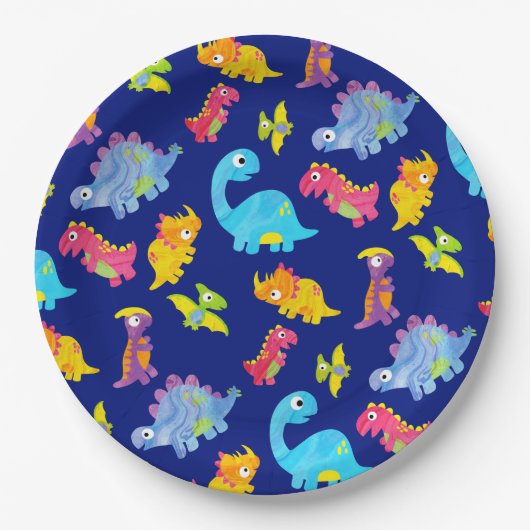 Mooie Navyblauwe Dinosaurus Verjaardag Papieren Bordje (Voorkant)