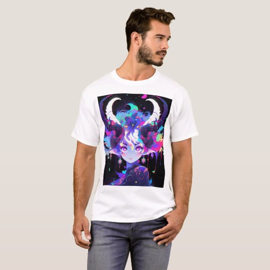 Mooie Neon Anime Demon Elf Meisje Met Horens T-shirt (Voorkant volledig)