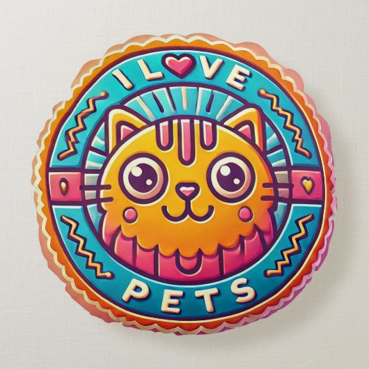 Mooie Neon Kat Badge Rond Kussen (Voorkant)
