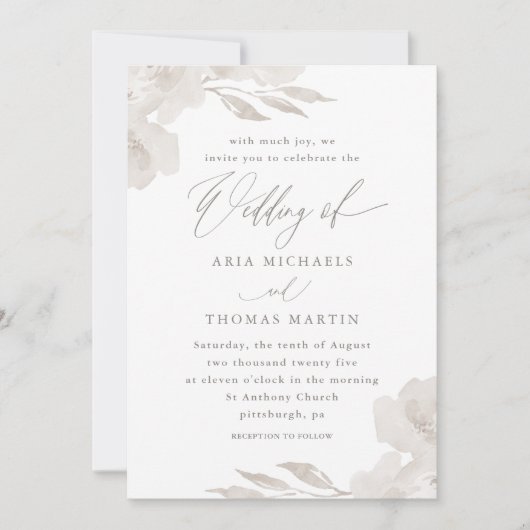 Mooie Neutrale Bloemen met Kalligrafie Bruiloft Kaart (Voorkant)