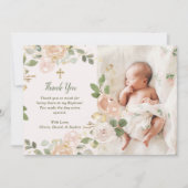 Mooie Neutrale Floral en Cross | Fotobaptisme Bedankkaart (Voorkant)